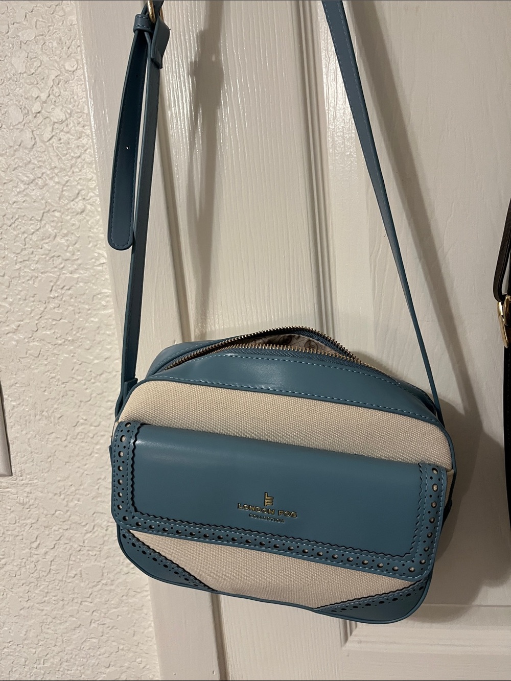 London Fog Light Blue and Cream Crossbody Camera Bag